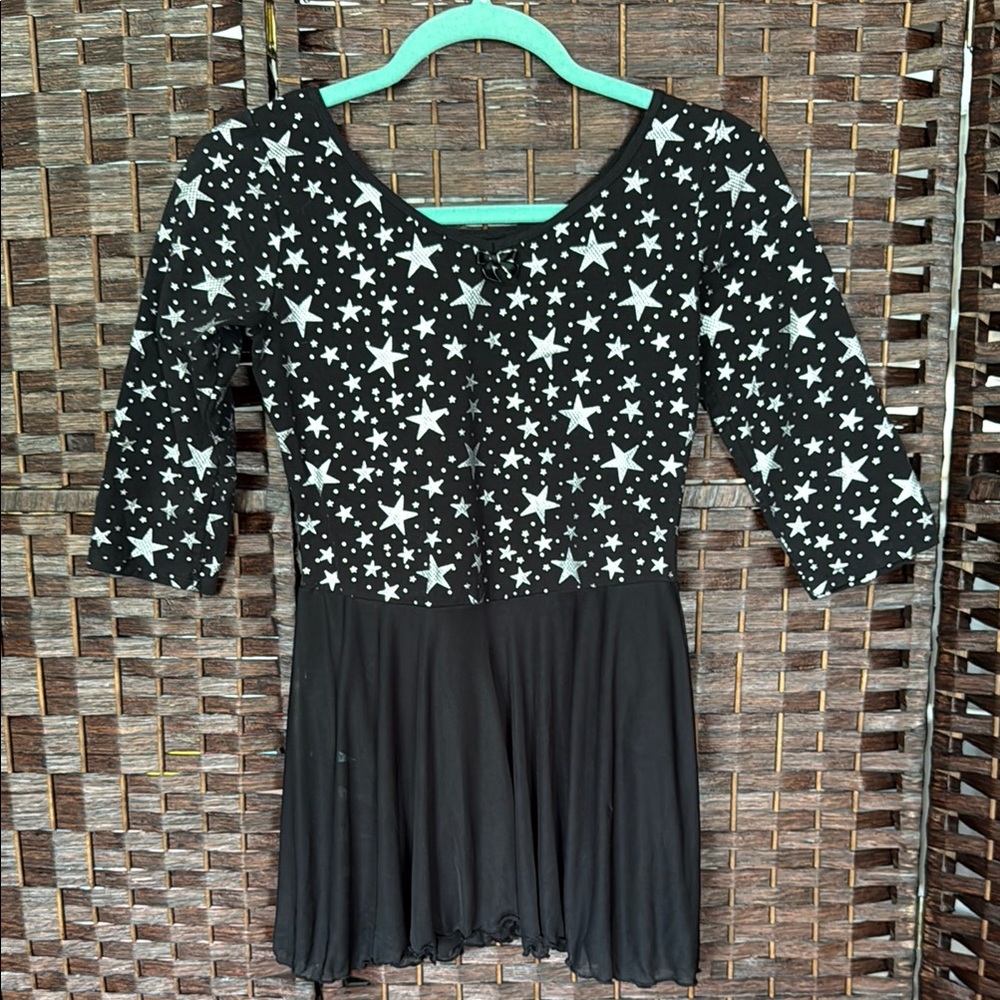 Danskin Now Black and silver star leotard  with 3/4 Sleeves & skirt EUC 14 16